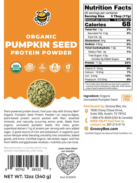 Organic Gluten-Free Vegan Plant-Based Pumpkin Seed Protein Powder 12oz (340g)