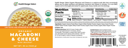The Health Ranger's Organic Wheat-Free Macaroni & Cheese with NO Added Salt (Mini-Bucket) 36 oz (1020 g)