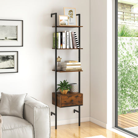 5-Tier Ladder Bookcase with Drawer and Metal Frame for Study Home Office-Rustic Brown