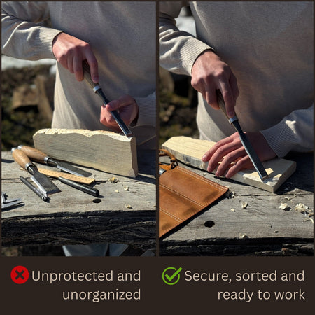 3 Pocket Leather Tool Roll for Chisels, Knives, and Small Hand Tools