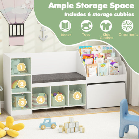 Kids Bookcase with Reading Nook 4-in-1 Standing Toy Organizer-White