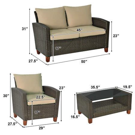 4 Pieces Patio Rattan Furniture Set with Cushions