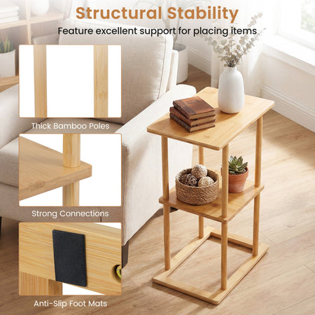 2 Pieces Side Table with Storage Shelves and Bamboo Construction-Natural