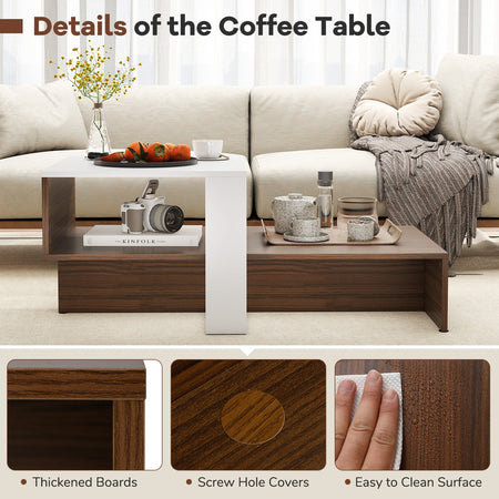 2-Tier Geometric Coffee Table with Storage Shelves for Living Room and Reception Room-White and Brown