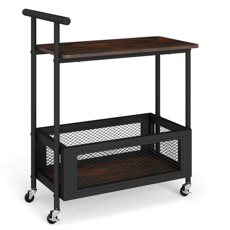 2-Tier Rolling End Table with Handle and Mesh Basket-Rustic Brown