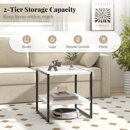 2-Tier Square End Table with Storage Shelf Reversible Design-White