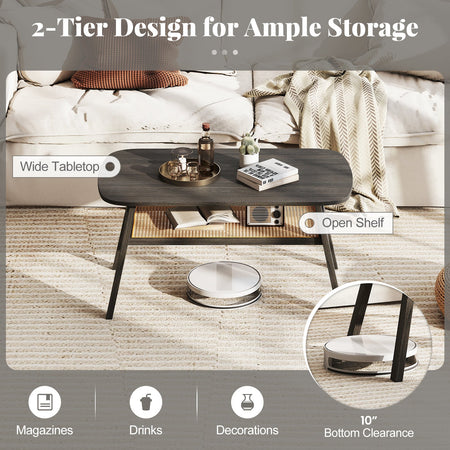 2-Tier Rectangular Center Coffee Table with Rattan Storage Shelf and Rubber Wood Legs-Dark Gray