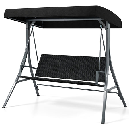 3-Person Porch Swing with Stand Outdoor Canopy Swing with Rattan Seat Back-Black