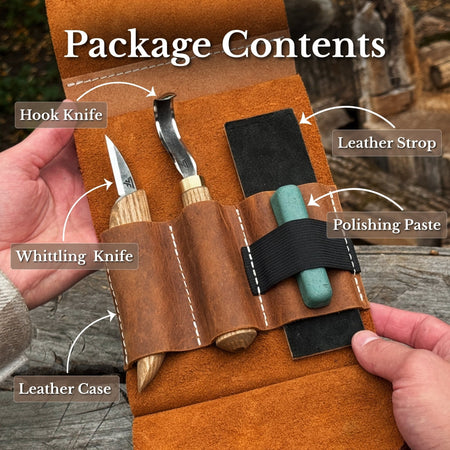 3-Piece Wood Carving Knife Set – Whittling Knife, Hook Knife & Leather Strop