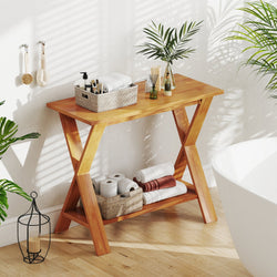 35 Inch Solid Teak Wood Console Table with Storage Shelf