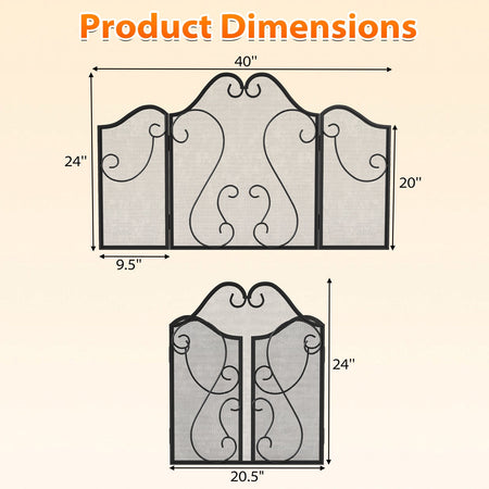 3 Panel Fireplace Screen Foldable Spark Guard Cover with Decorative Scroll