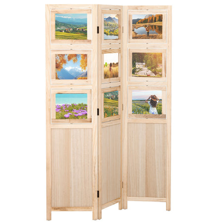 3 Panel Folding Privacy Screen with 9 Swivel Paulownia Wood Photo Frames-Natural