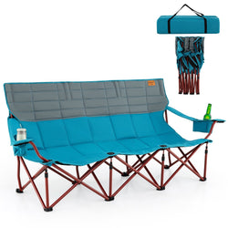 3 Person Folding Camping Chair with 2 Cup Holders Cotton Padding & Storage Bag-Blue