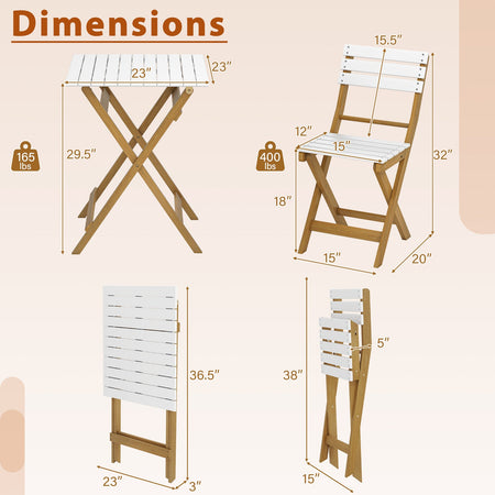 3 Piece Folding Patio Bistro Set with Foldable Design Acacia Wood Porch Chairs and Square Table