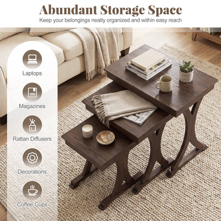 3 Pieces Nesting Coffee Table Side Table with Solid Rubber Wood Legs-Brown