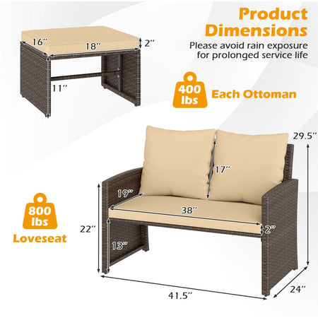 3 Pieces Outdoor Patio PE Wicker Furniture Set with Cushions-Beige