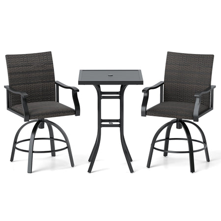 3 Pieces PE Wicker Patio Swivel Bar Set with Quick-Drying Foam-Black