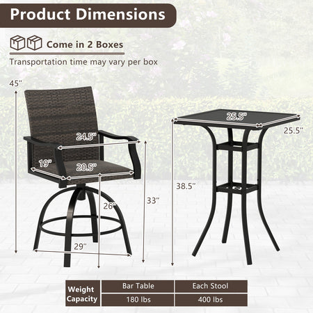 3 Pieces PE Wicker Patio Swivel Bar Set with Quick-Drying Foam-Black