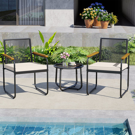 3 Pieces Patio Furniture Set PE Rattan Porch Chairs with Round Tempered Glass Top Table-White