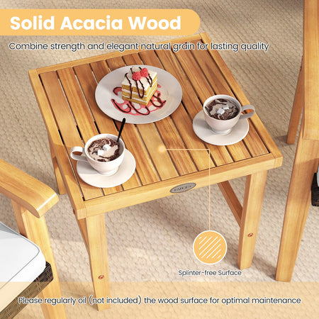 3 Pieces Patio PE Wicker Furniture Set Acacia Wood Outdoor Conversation Bistro Set-White