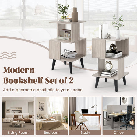 3-Tier Geometric Bookshelf Set of 2 with Open Storage Shelves