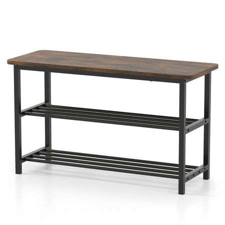 3-Tier Shoe Rack Shoe Bench with Metal Slat Shelves and Long Wooden Seat-Rustic Brown