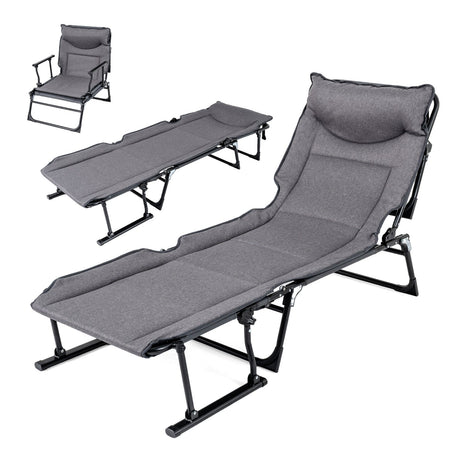 3 in 1 Folding Camping Cot Comfy Padded Convertible Single Sofa Chair-Gray