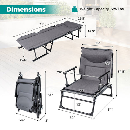 3 in 1 Folding Camping Cot Comfy Padded Convertible Single Sofa Chair-Gray