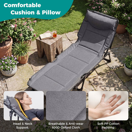 3 in 1 Folding Camping Cot Comfy Padded Convertible Single Sofa Chair-Gray