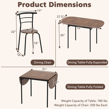 3 Pieces Dining Set with 2 Chairs and Modern Kitchen Table for Small Space-Brown