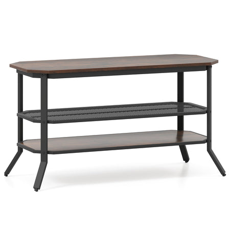 3-tier Console Table TV Stand with Mesh Storage Shelf-Rustic Brown