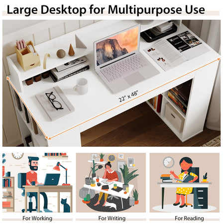 Computer Desk with Dual 3-Tier Bookshelf and Monitor Shelf-White