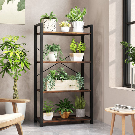 4-Tier Bookshelf with Heavy Duty Metal Frame Industrial Display Shelf-Rustic Brown