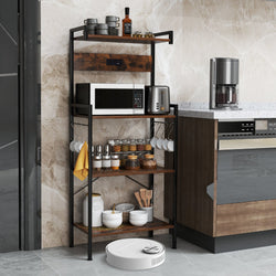 4-Tier Kitchen Bakers Rack with Power Outlet and 8 Hooks-Rustic Brown