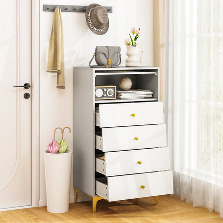 4 Drawer Modern Storage Cabinet with Flip Up Fluted Glass Door-Gray and White