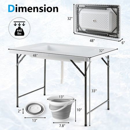 4 Feet Folding Ice Bin Table with Skirt for Camping Picnic Wedding with Ice Bucket-White
