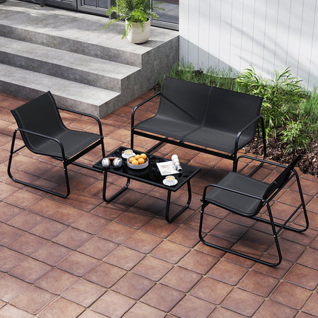 4 Pieces Patio Furniture Set Fabric Lawn Chairs and Loveseat with Glass Coffee Table