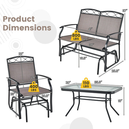 4 Piece Patio Glider Conversation Set with Tempered Glass Table Top-Brown