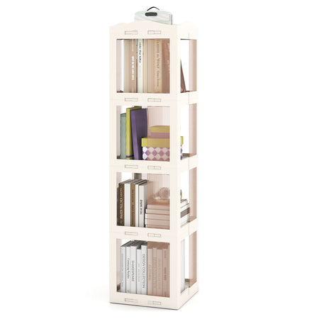 4-Tier Foldable Rotating Bookshelf with Swivel Base and Translucent Panels-White