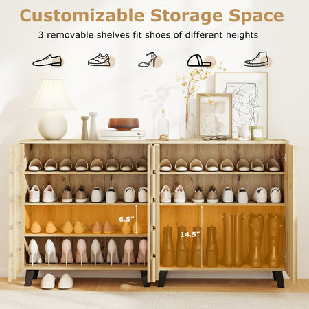 4-Tier Shoe Cabinet 2-Door Storage Organizer with Louvered Door-Natural