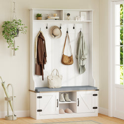 4-in-1 68.5 Inch Tall Coat Rack with Cushioned Bench and Shoe Storage-White