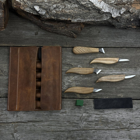 5-Piece Wood Carving Knife Set with Sharpening Board & Leather Case
