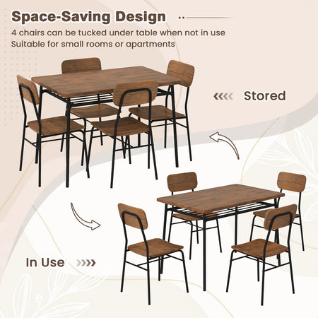 5-Piece Table Set for 4 with Metal Frame and Storage Rack-Brown