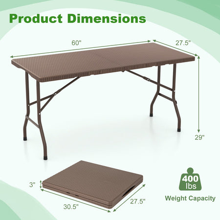 5FT Folding Picnic Table with Rattan Grain HDPE Tabletop and Sturdy Metal Fame-Coffee