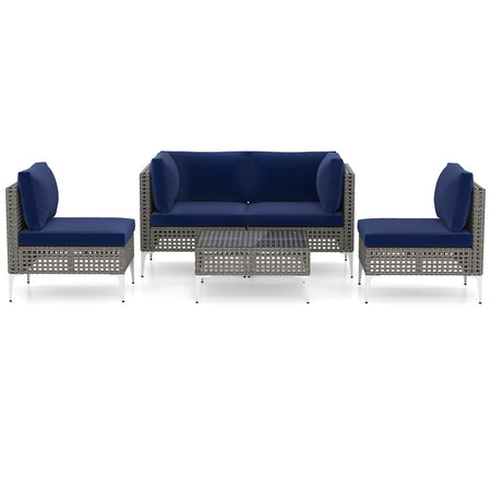 5 Piece Outdoor Furniture Set Patio Rattan Chairs with Tempered Glass Coffee Table-Navy