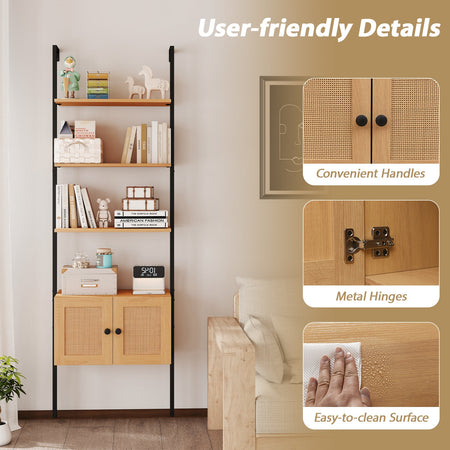 5-Tier Ladder Bookcase with Rattan Cabinet and Metal Frame-Natural