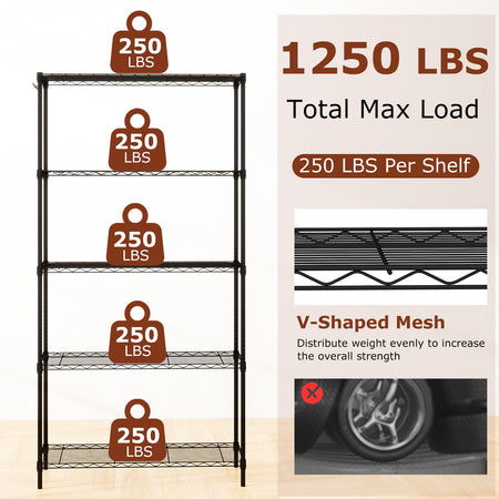 5-Tier Metal Storage Shelving Unit with V-Shaped Wire Rack and 1250 LBS Capacity-Black