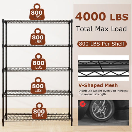5-Tier Metal Storage Shelving Unit Set of 2 Adjustable Utility Shelf with V-Shaped Wire Rack-Black