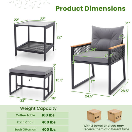 5 Piece Outdoor Rattan Conversation Set with 2-Layer Side Table and 2 Ottomans-Gray