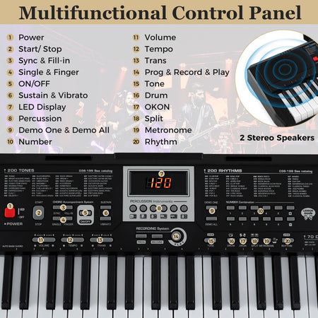 61 Keys Portable Keyboard for Beginners Electric Piano Keyboard Kit with 200 Rhythms and 200 Tones-Black